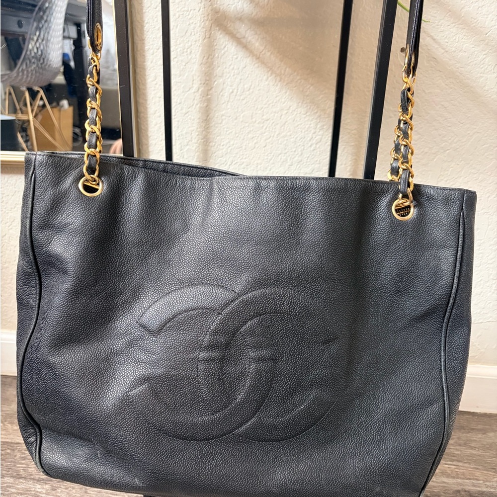 Authentic Chanel Black Leather Shoulder Bag with Gold Chain
